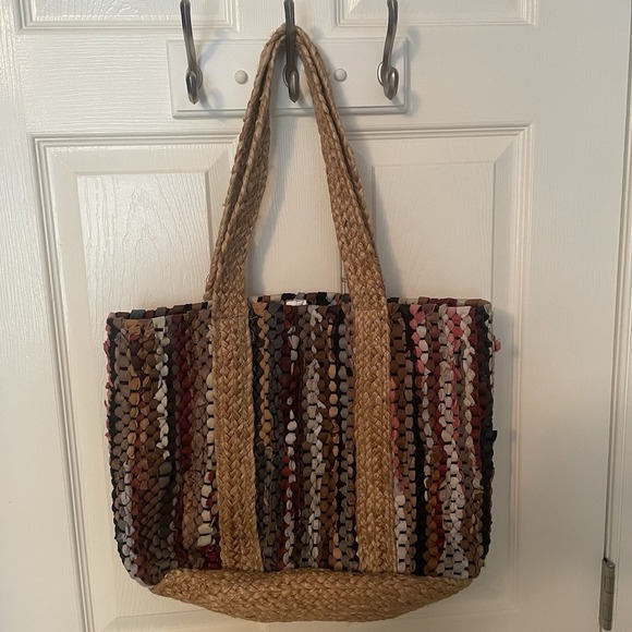 Jute Leather Large Colorful Woven Tote Shoulder Carry Bag Purse Beach Summer - Picture 1 of 10